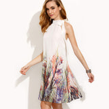 New Summer Style Beige Print High Neck Boho Dress