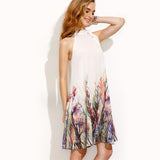 New Summer Style Beige Print High Neck Boho Dress