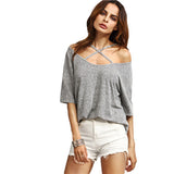 Summer Grey Ribbed Crisscross Front Half Sleeve T-shirt