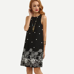 Black Polka Dot Print Round Neck Boho Dress