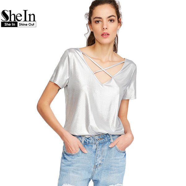 2017 Summer Silver Crisscross Dual V-Neck T-shirt