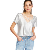2017 Summer Silver Crisscross Dual V-Neck T-shirt