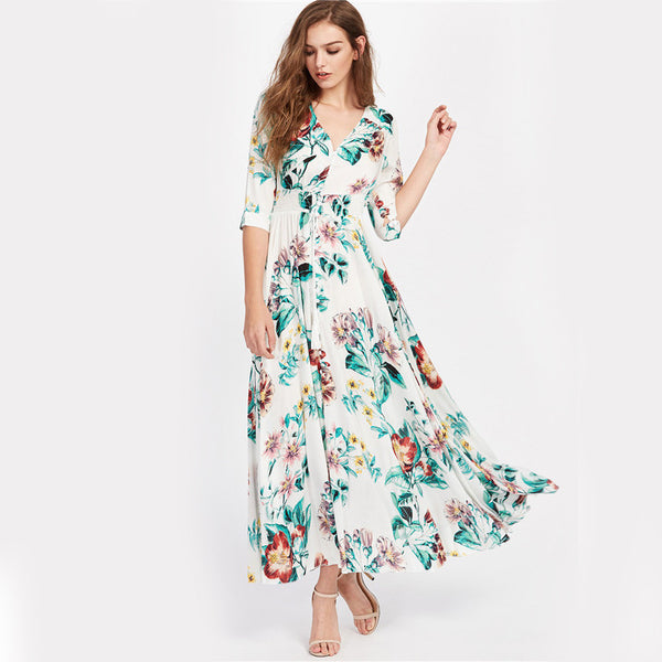 2017 Summer Deep V Neck Boho Botanical Maxi Dress