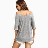 Summer Grey Ribbed Crisscross Front Half Sleeve T-shirt