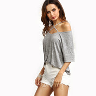 Summer Grey Ribbed Crisscross Front Half Sleeve T-shirt