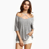 Summer Grey Ribbed Crisscross Front Half Sleeve T-shirt