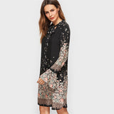 Korean Floral Spring Black Tie Neck Long Flare Boho Dress