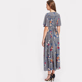 Grey Two Way Belted Flower V Notch  Summer Maxi Vocation Dress