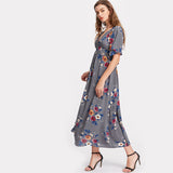 Grey Two Way Belted Flower V Notch  Summer Maxi Vocation Dress