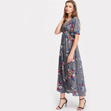 Grey Two Way Belted Flower V Notch  Summer Maxi Vocation Dress