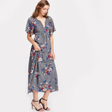 Grey Two Way Belted Flower V Notch  Summer Maxi Vocation Dress