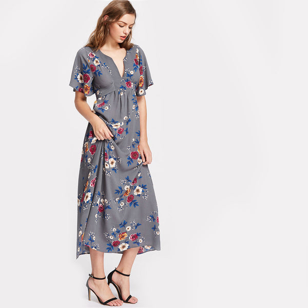 Grey Two Way Belted Flower V Notch  Summer Maxi Vocation Dress