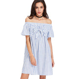 JF Blue Collection - Bow Tie Front A-line Off the Shoulder Dress