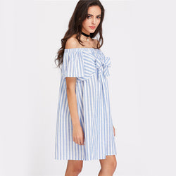 JF Blue Collection - Bow Tie Front A-line Off the Shoulder Dress