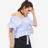 JF Blue Collection -  V Bardot Batwing Sleeve Off the Shoulder Elegant Blouse