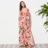 2017 Autumn - Multicolor Floral Deep V-Neck Elegant Maxi Vocation Dress