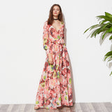 2017 Autumn - Multicolor Floral Deep V-Neck Elegant Maxi Vocation Dress