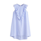 JF Blue Collection -A-line Zip Back Ruffle Yoke Striped Dress