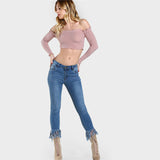 2017 Autumn - Pink Lettuce Edge Crop Bardot Top