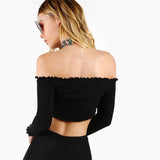 2017 Autumn - Lettuce Edge Crop Bardot top Black Off the Shoulder Tee