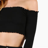 2017 Autumn - Lettuce Edge Crop Bardot top Black Off the Shoulder Tee