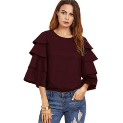 2017 Autumn - Burgundy Three Quarter Flare Sleeve Casual Blouse