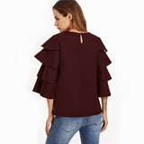 2017 Autumn - Burgundy Three Quarter Flare Sleeve Casual Blouse