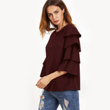 2017 Autumn - Burgundy Three Quarter Flare Sleeve Casual Blouse