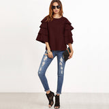 2017 Autumn - Burgundy Three Quarter Flare Sleeve Casual Blouse