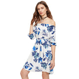 Jeff Fashion Beautiful blue flowers printing Off Shoulder Dress