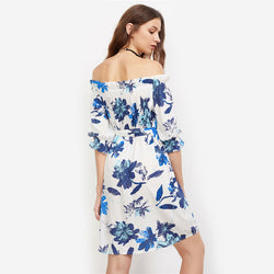 Jeff Fashion Beautiful blue flowers printing Off Shoulder Dress