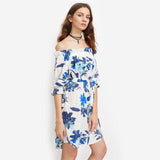 Jeff Fashion Beautiful blue flowers printing Off Shoulder Dress