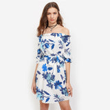 Jeff Fashion Beautiful blue flowers printing Off Shoulder Dress