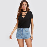 2017 Summer Ladder Strap Choker Neck Casual T-shirt