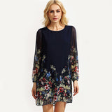 Chiffon Mutilcolor Round Neck Long Sleeve Boho Dress